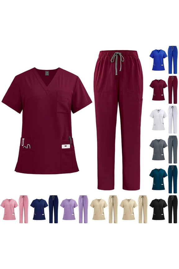 Scrubs Set for Women Nurse Professionals Uniforms Set V Neck Short Sleeve Top & Multi-Pocket Cargo Pants, 4-Way Stretch, #02 Wine, M