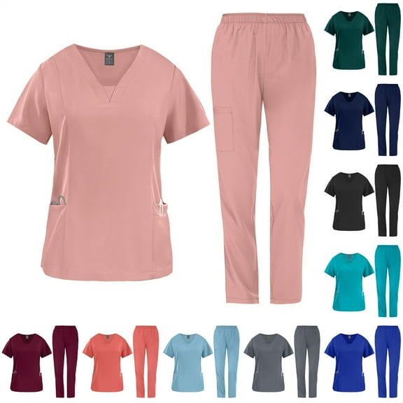 Scrubs Set for Women Nurse Uniform Jogger Suit Comfortable Medical Scrub Set V-Neck Top and Elastic Waist Pants with Pockets, Durable Fabric