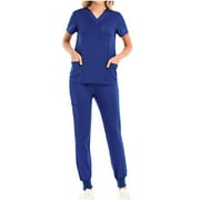 JSKUAMR Scrubs Set for Women Nurse Uniform Jogger Suit Stretch Short Sleeve V Neck Top with Pants Workwear 2PC Sets Blue,M