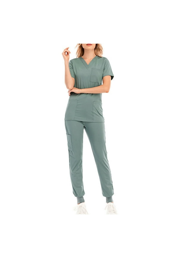 Scrubs Set for Women Nurse Uniform Jogger Suit Stretch Short Sleeve V Neck Top with Pants Workwear 2PC Sets Green,M