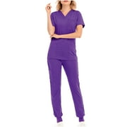 Scrubs Set for Women Nurse Uniform Jogger Suit Stretch Short Sleeve V Neck Top with Pants Workwear 2PC Sets Purple,XS