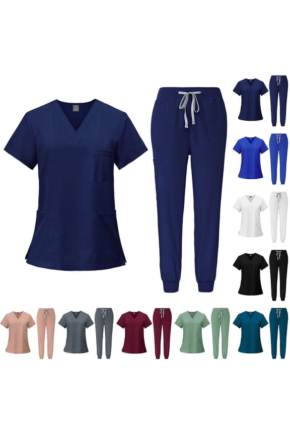 Scrubs Set for Women Nurse Uniform Jogger Suit Stretch V-Neck Short Sleeve Top & Multi Pocket Cargo Pants for Nurse Esthetician Workwear, #02 Navy, S