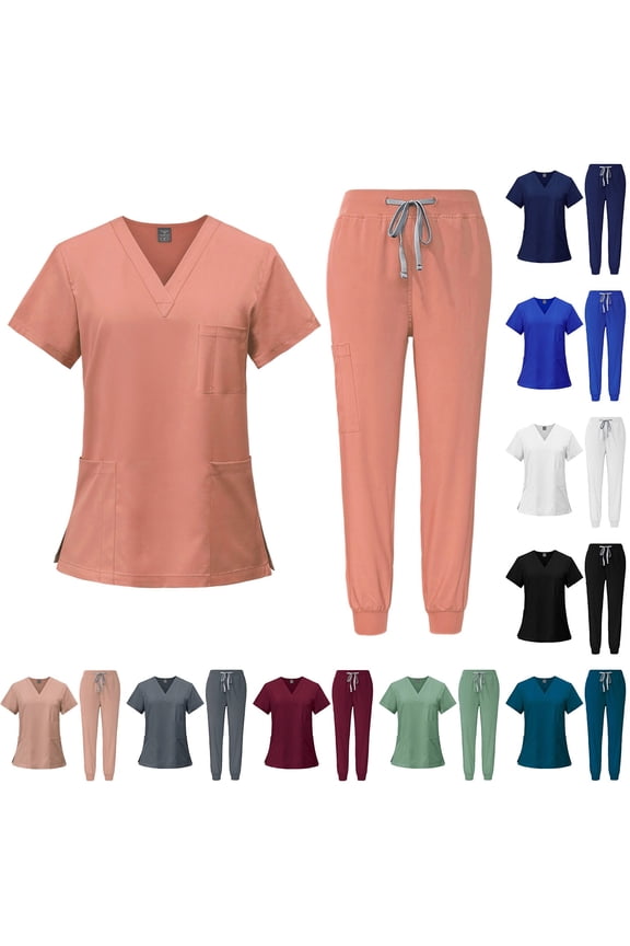 Scrubs Set for Women Nurse Uniform Jogger Suit Stretch V-Neck Short Sleeve Top & Multi Pocket Cargo Pants for Nurse Esthetician Workwear, #02 Pink, M