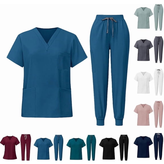Scrubs Set for Women Nurse Uniform Jogger Suit V-Neck Scrub Top & Jogger Pant with Pockets for Nurse Workwear Blue XL