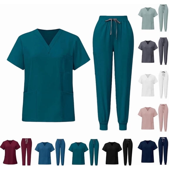 Scrubs Set for Women Nurse Uniform Jogger Suit V-Neck Scrub Top & Jogger Pant with Pockets for Nurse Workwear Turquoise S