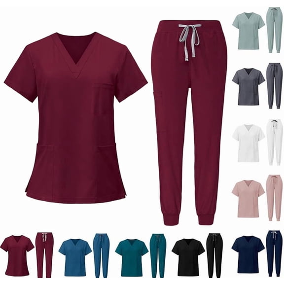 Scrubs Set for Women Nurse Uniform Jogger Suit V-Neck Scrub Top & Jogger Pant with Pockets for Nurse Workwear Wine XL