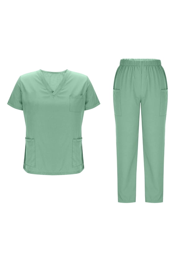 Scrubs Set for Women Nurse Uniform Solid Loose Drawstring Pants Pocket Short Sleeve V-Neck Blouses Uniform Set
