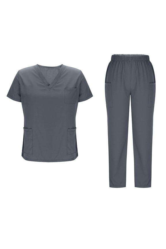 Scrubs Set for Women Nurse Uniform Solid Loose Drawstring Pants Pocket Short Sleeve V-Neck Blouses Uniform Set