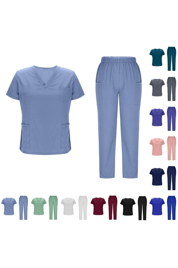 Scrubs Set for Women Nurse Uniform Solid Loose Drawstring Pants Pocket Short Sleeve V-Neck Blouses Uniform Set