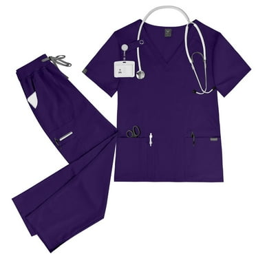 Scrubs Set for Women Nurse Uniform Stretch Top and Pants with Pocket Nursing Workwear Dark Purple S