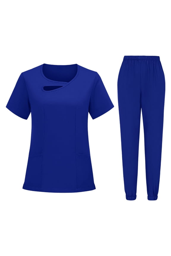 Scrubs Set for Women Quick-Dry Stretch Short Sleeve Scrub Top & Jogger Pant Medical Nurse Uniform with Pockets Blue XL