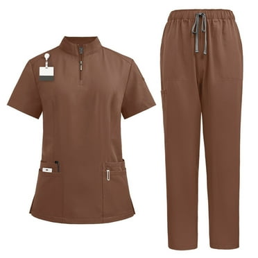 Scrubs Set for Women Solid Color V-Neck Nurse Uniform with Pocket Brown S
