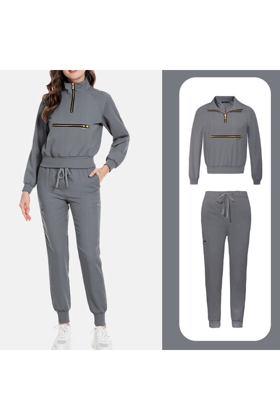 Scrubs Sets For Women,Scrub for Women Set-Long Sleeve Scrub Top with Zipper & Jogger Pants Medical Uniform Suit - Gray - XS