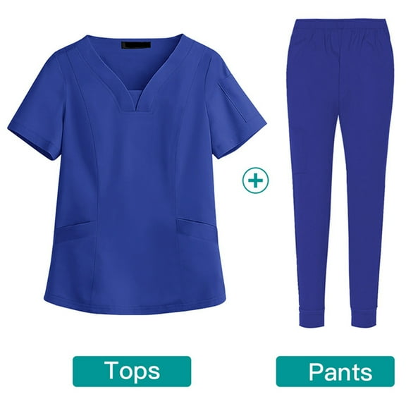 Scrubs Sets For Women Solid Color V-Neck Scrub Uniform Set - Lightweight Poly-Cotton Blend, Chest Pocket & Cargo Pants with Utility Loops Blue XXL