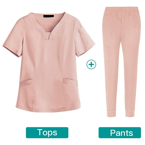 Scrubs Sets For Women Solid Color V-Neck Scrub Uniform Set - Lightweight Poly-Cotton Blend, Chest Pocket & Cargo Pants with Utility Loops Pink XL