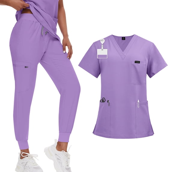 Scrubs Sets for Women 2 Piece 2026 Spring Summer V-Neck Scrub Top & Drawstring Jogger Scrub Pants Quick Dry Nursing Scrubs Set Stretch Medical Uniform with Pockets Light Purple S