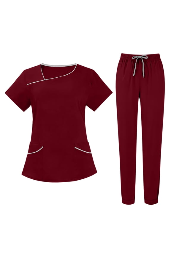 Scrubs Sets for Women 2 Piece 2026 Spring Summer V-Neck Scrub Top & Jogger Pant Quick Dry Nursing Scrubs Set Stretch Uniform Suits with Multi Pocket for Doctors, Nurses Wine 2XL