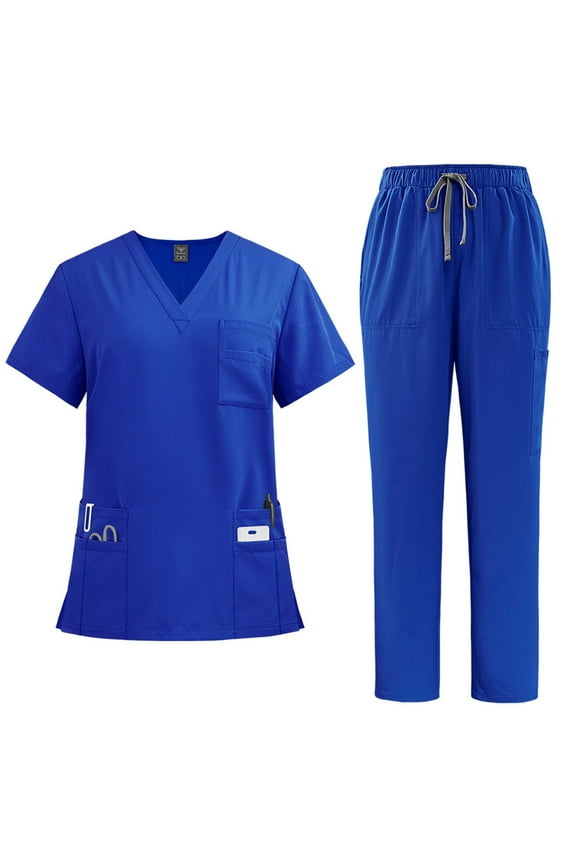 Scrubs Sets for Women 2 Piece Spring Summer V-Neck Scrub Top & Drawstring Jogger Scrub Pants Quick Dry Nursing Workwear Stretch Uniform Suits with Multi Pocket for Nurse Esthetician Royal Blue M
