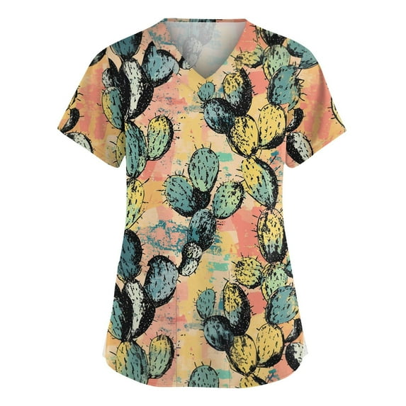 Scrubs Sets For Women, Casual V Neck Short Sleeve Scrub Top-Floral Print Loose Fit Nursing Uniform With Pockets Womens Sets Tops Hawaiian Shirts Women Basic Tops Tees Tops (4XL, Yellow) ZMTing