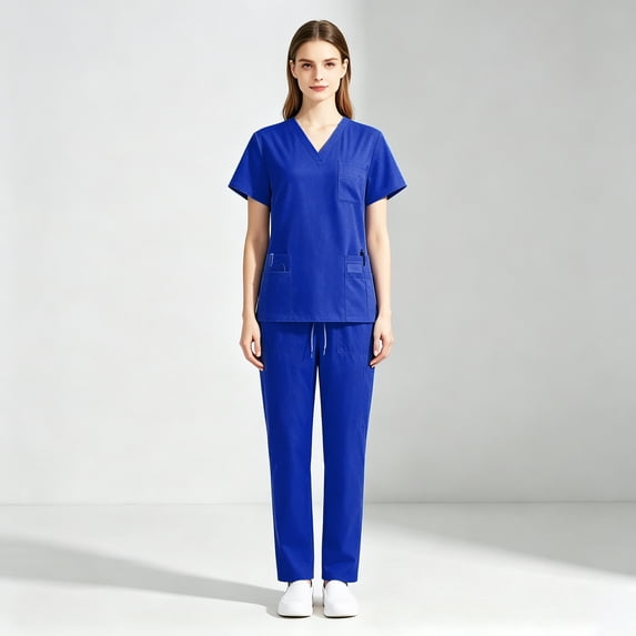 Scrubs Sets for Women Solid Quick-Dry Breathable Short Sleeve V-Neck Top & Straight-Leg Work Pants Medical Nurse Uniform with Pockets - Royal Blue - L