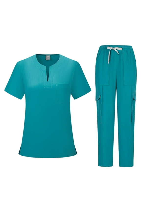 Scrubs Sets for Women Spring Summer V-Neck Scrub Top and Drawstring Jogger Pants Stretch Nursing Workwear Quick Dry Medical Uniform Suits with Multi Pocket for Doctors, Nurses Turquoise XL