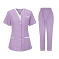 thumbnail image 1 of Scrubs Sets for Women Two Piece Outfits V Neck Short Sleeve Plus Size Scrub Tops Medical Scrubs Straight Leg Scrubs Joggers Pants Straight Leg Scrubs, Purple S, 1 of 2