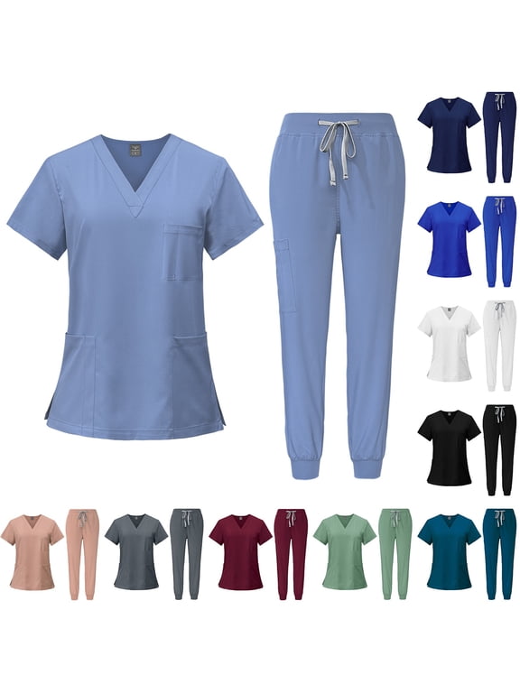 Scrubs Sets for Women 2 Piece Nurse Working Uniforms Solid V-Neck Caregiver Top and Drawstring Waist Pants with Pockets Royal Blue XL