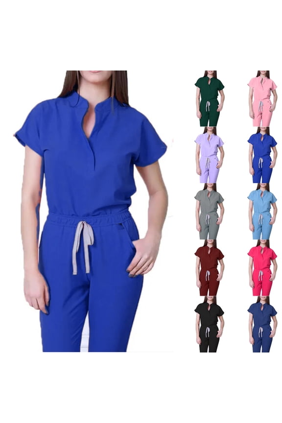 Scrubs Sets for Women 2 Pieces Yoga Medical Stretch Wide Leg Jogger Fitted Scrubs for Women Set Light Blue XL