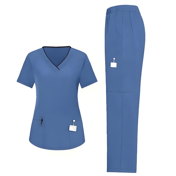 Scrubs Sets for Women Quick-Dry Short Sleeve V-Neck Top & Tapered Work Pants Medical Nurse Uniform with Pockets Blue L