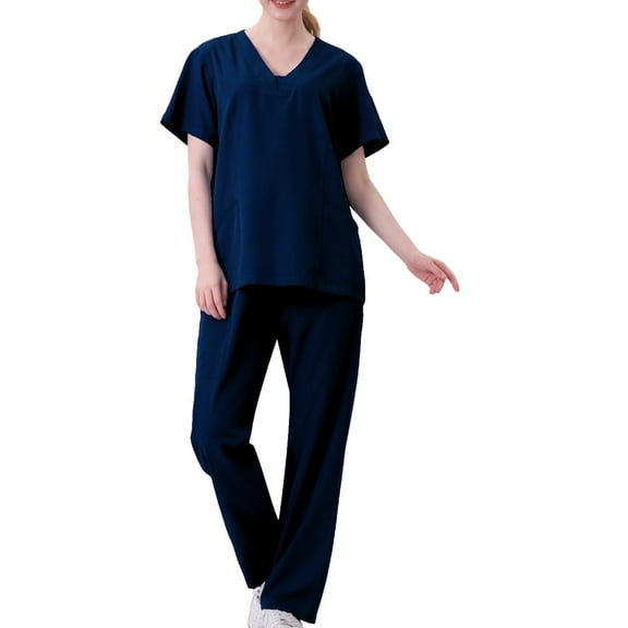 Scrubs Sets for Women Short Sleeve V Neck Casual Solid Tops with Straight Leg Pants 2 Piece Uniform with Pockets Navy,L