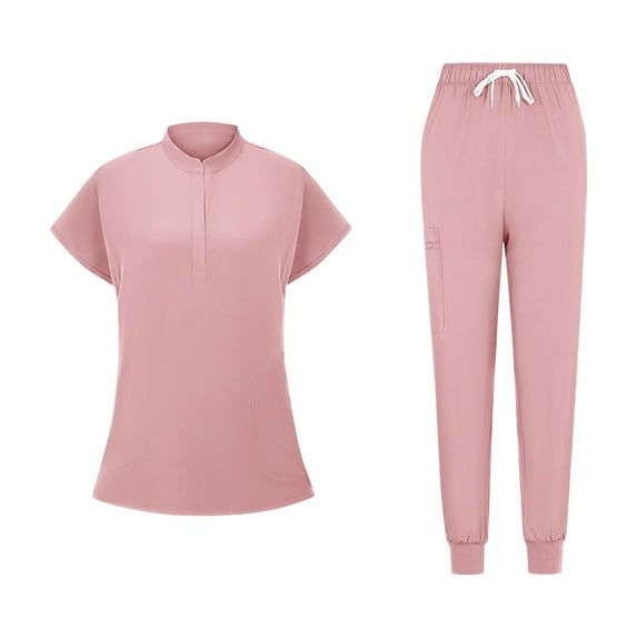 Scrubs Sets for Women Solid Color Casual Nurse Protective Uniform Short Sleeved Round Neck Shirt Set