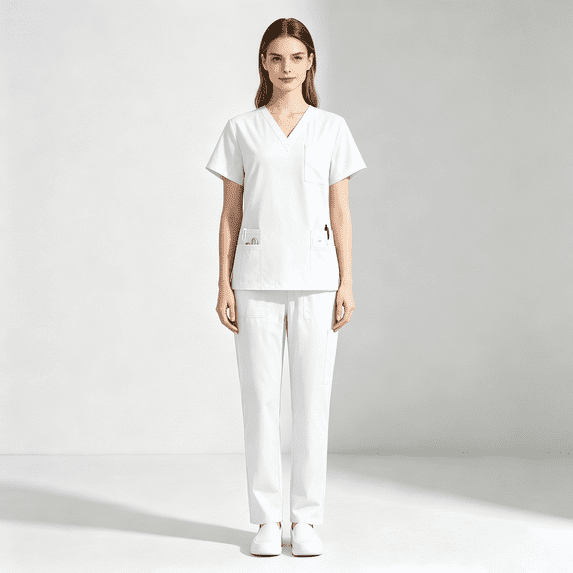 Scrubs Sets for Women Solid Quick-Dry Breathable Short Sleeve V-Neck Top & Straight-Leg Work Pants Medical Nurse Uniform with Pockets - White - L