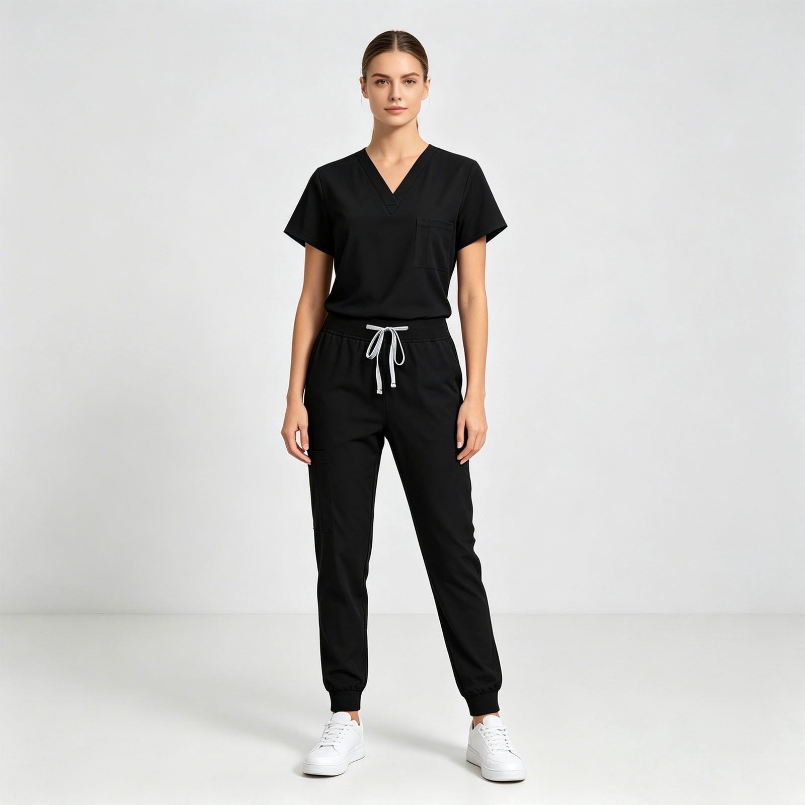 Scrubs Sets for Women Solid Quick-Dry Breathable Short Sleeve V-Neck Top & Tapered Work Pants Medical Nurse Uniform with Pockets - Black - L