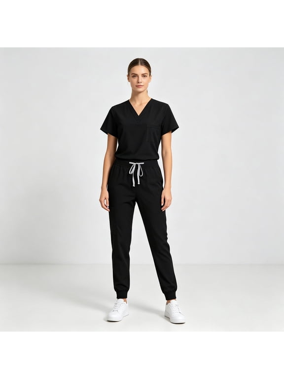Scrubs Sets for Women Solid Quick-Dry Breathable Short Sleeve V-Neck Top & Tapered Work Pants Medical Nurse Uniform with Pockets - Black - M