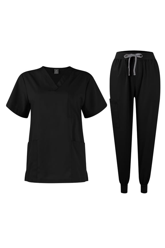 Scrubs Sets for Women Solid Quick-Dry Breathable Short Sleeve V-Neck Top & Tapered Work Pants Medical Nurse Uniform with Pockets - Black - S