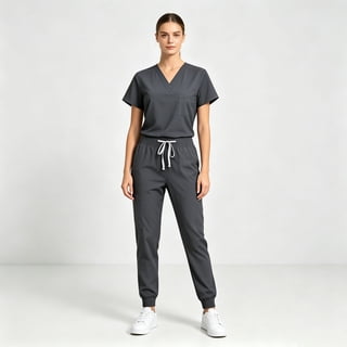 Scrubs Sets for Women Solid Quick-Dry Breathable Short Sleeve V-Neck Top & Tapered Work Pants Medical Nurse Uniform with Pockets - Gray - M
