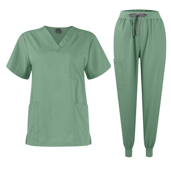 Scrubs Sets for Women Solid Quick-Dry Breathable Short Sleeve V-Neck Top & Tapered Work Pants Medical Nurse Uniform with Pockets - Mint Green - XL