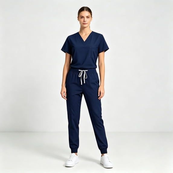 Scrubs Sets for Women Solid Quick-Dry Breathable Short Sleeve V-Neck Top & Tapered Work Pants Medical Nurse Uniform with Pockets - Navy - S