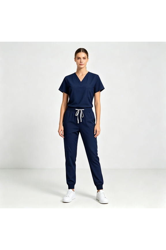 Scrubs Sets for Women Solid Quick-Dry Breathable Short Sleeve V-Neck Top & Tapered Work Pants Medical Nurse Uniform with Pockets - Navy - XL