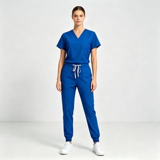 Scrubs Sets for Women Solid Quick-Dry Breathable Short Sleeve V-Neck Top & Tapered Work Pants Medical Nurse Uniform with Pockets - Royal Blue - XXL