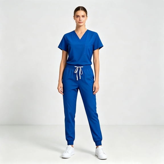 Scrubs Sets for Women Solid Quick-Dry Breathable Short Sleeve V-Neck Top & Tapered Work Pants Medical Nurse Uniform with Pockets - Royal Blue - XXL