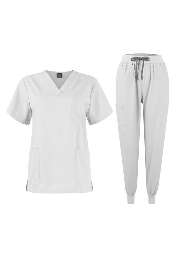 Scrubs Sets for Women Solid Quick-Dry Breathable Short Sleeve V-Neck Top & Tapered Work Pants Medical Nurse Uniform with Pockets - White - XXL