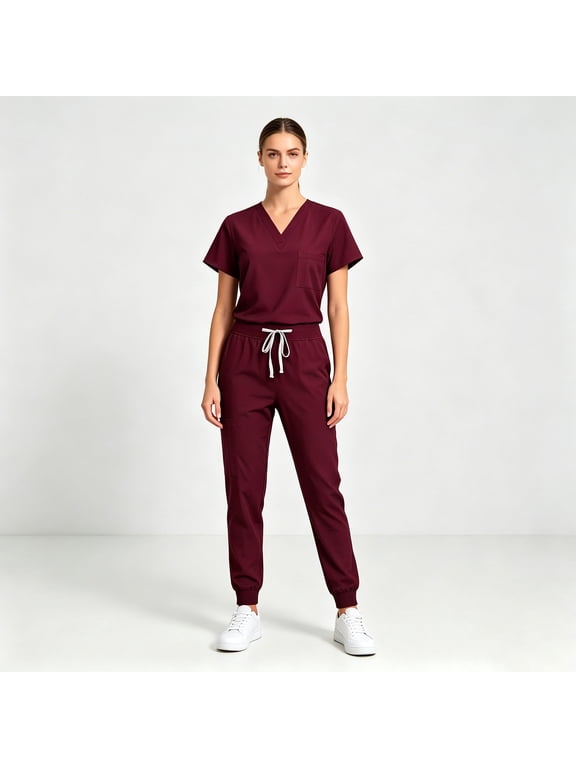 Scrubs Sets for Women Solid Quick-Dry Breathable Short Sleeve V-Neck Top & Tapered Work Pants Medical Nurse Uniform with Pockets - Wine - XL