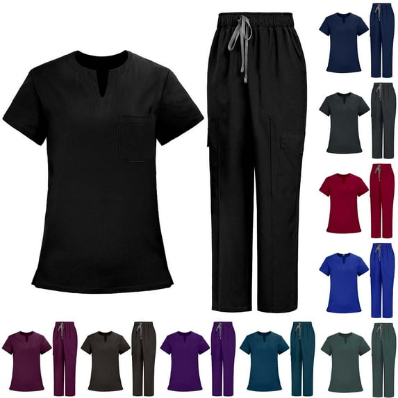 Scrubs Sets for Women with Pockets Short Sleeve V-Neck Solid Color Nursing Uniform Set Casual Loose Drawstring Pants Caregiver Blouses