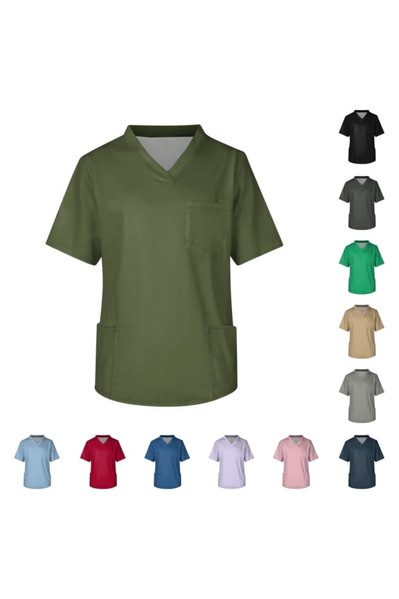 Scrubs Shirt Men Classic Fit Scrubs Top V-Neck Short Sleeve Healthcare Nursing Uniform Shirt with Pockets Army Green 3XL