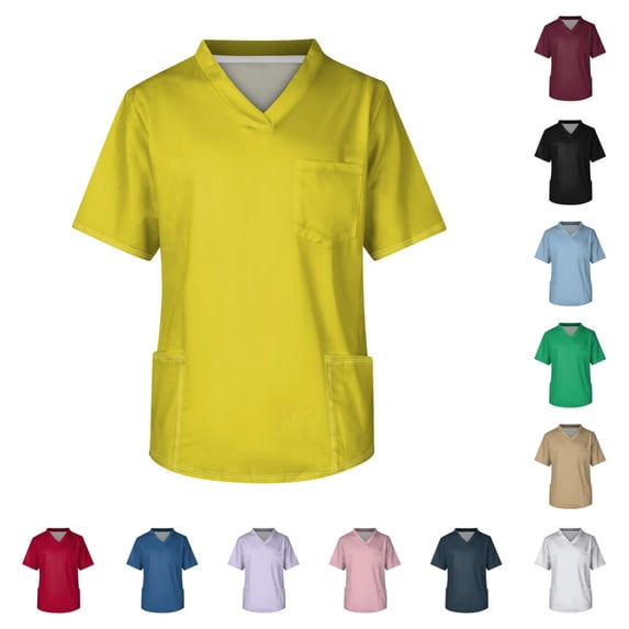 Scrubs Shirt for Men Classic Fit Scrubs Top V-Neck Short Sleeve Healthcare Nursing Uniform Shirt with Pockets Yellow L