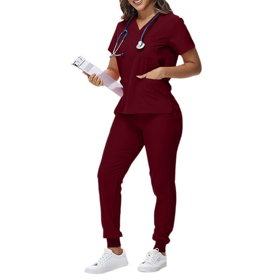 Scrubs Suit Set For Woman,Scrubs Set for Women Nurse Uniform V-Neck Top and Drawstring Jogger Pants with Multi Pocket Nurse Workwear - Wine - L