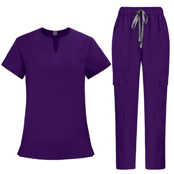 Scrubs Suit Set For Woman,Women's Scrub for Women V-Neck Top & Cargo Pants, Comfortable Scrub Set Stretch Fabric - Dark Purple - XL