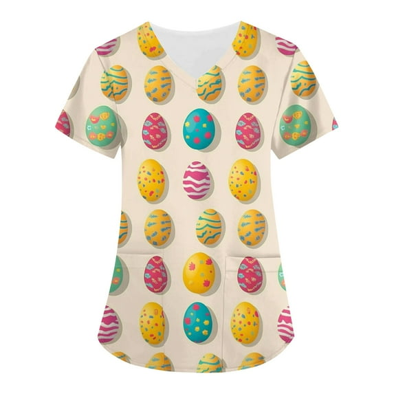 Scrubs Top For Women,Easter Scrub Tops Women Bunny Egg Hunt Print Scrubs Short Sleeve Holiday Working Uniform with Pockets,Light Brown,XXXL