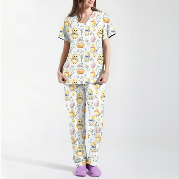 Scrubs Top For Women,Women's Short-Sleeve Easter Print Nursing Scrubs Set with Pockets,Yellow,XL